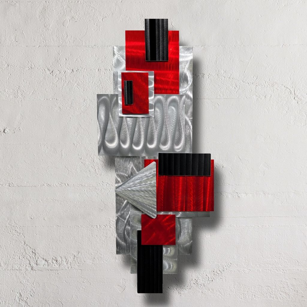 Silver, Red & Black Geometric Metal Wall Accent Sculpture by Jon