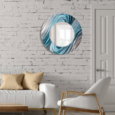 Jon Allen Signature 21"  Silver and Blue Handmade Metal Wall Art Beveled Mirror - Contemporary Home Decor, Easy Install, Elegant Design, Authentic & Signed