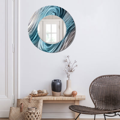 Jon Allen Signature 21"  Silver and Blue Handmade Metal Wall Art Beveled Mirror - Contemporary Home Decor, Easy Install, Elegant Design, Authentic & Signed