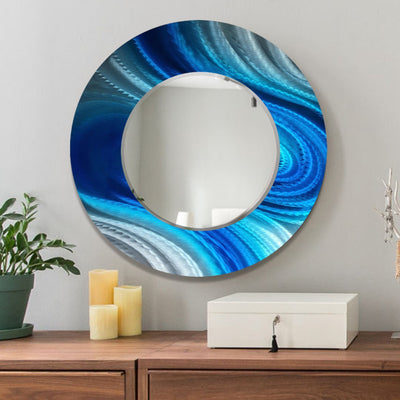Jon Allen Signature 21"  Blue Handmade Metal Wall Art Beveled Mirror - Contemporary Home Decor, Easy Install, Elegant Design, Authentic & Signed