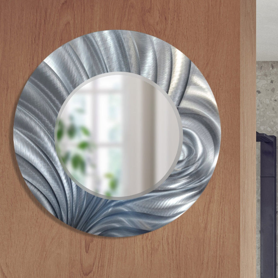 Jon Allen Signature 21"Silver Handmade Metal Wall Art Beveled Mirror - Contemporary Home Decor, Easy Install, Elegant Design, Authentic & Signed