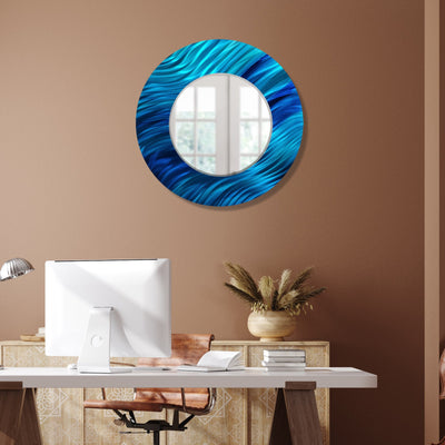Jon Allen Signature 21"  Blue  Handmade Metal Wall Art Beveled Mirror - Contemporary Home Decor, Easy Install, Elegant Design, Authentic & Signed
