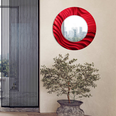 Jon Allen Signature 21"  Red  Handmade Metal Wall Art Beveled Mirror - Contemporary Home Decor, Easy Install, Elegant Design, Authentic & Signed