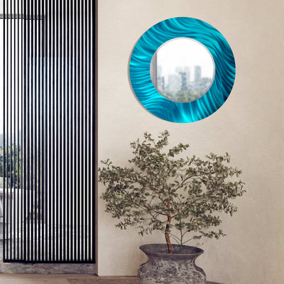 Jon Allen Signature 21"  Aqua  Handmade Metal Wall Art Beveled Mirror - Contemporary Home Decor, Easy Install, Elegant Design, Authentic & Signed
