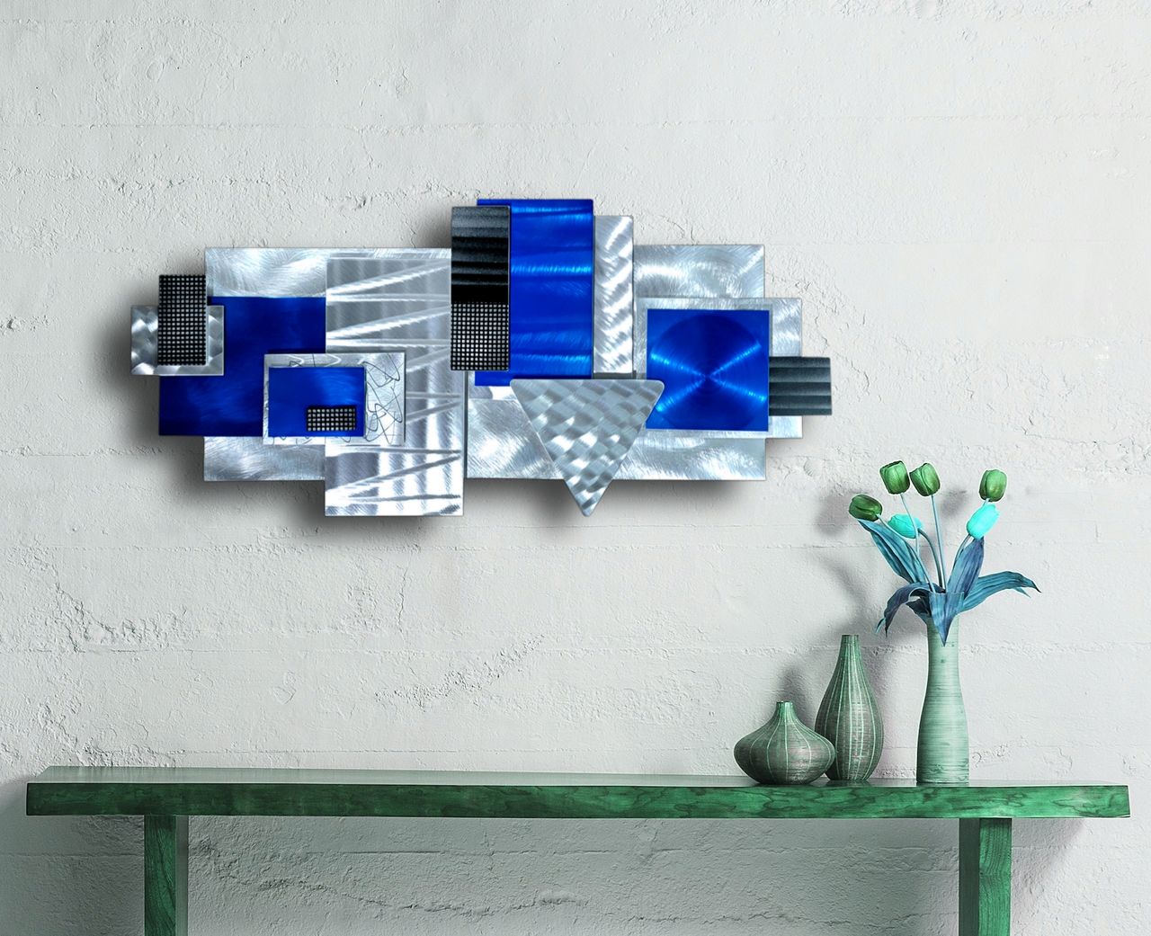 Silver & Blue Abstract 3D Metal Wall Sculpture by Jon Allen 31