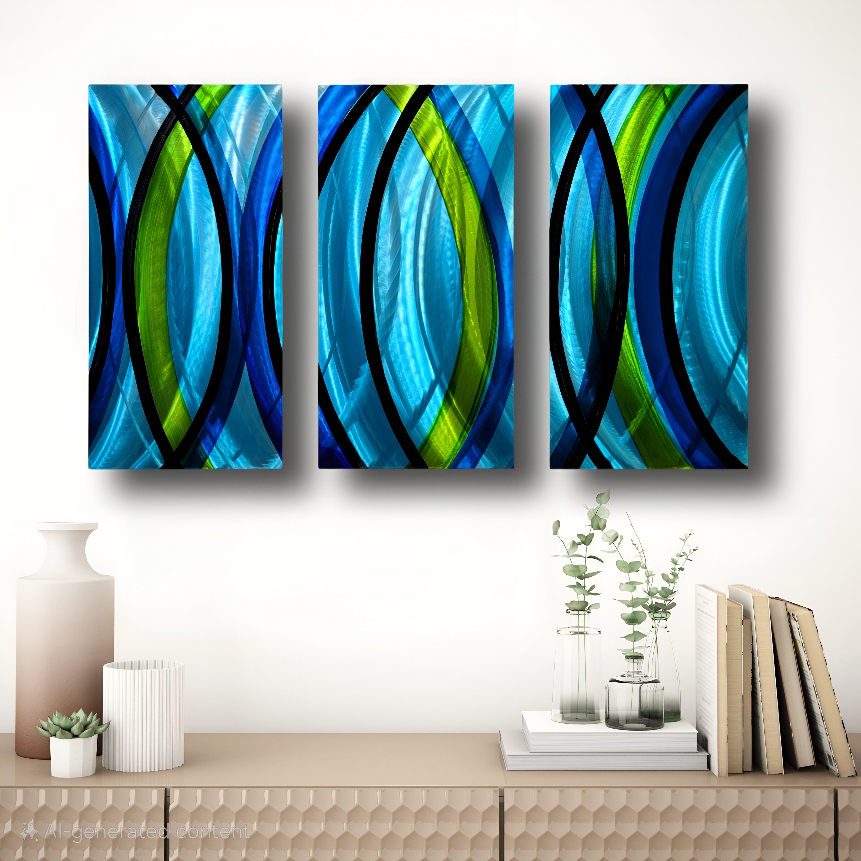 Affordable ART deals triptych 3 panel wall modern extra artwork turquoise metal silver on canvas original painting abstract 48 x 20