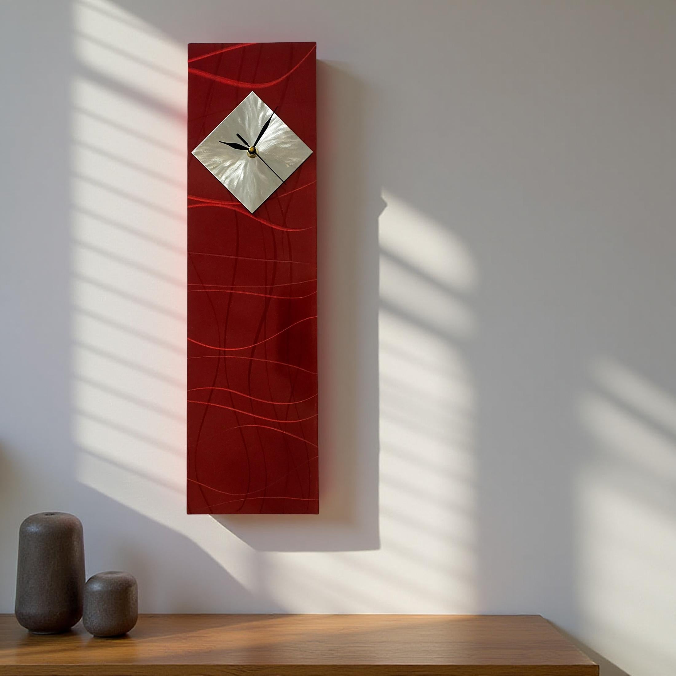 Crimson Waves Contemporary Clock - Modern Metal Wall Art Timepiece