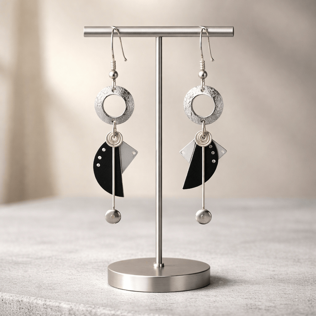 Midnight Orbit Drop Earrings - Sterling Silver & Hand-Textured Metal 2"