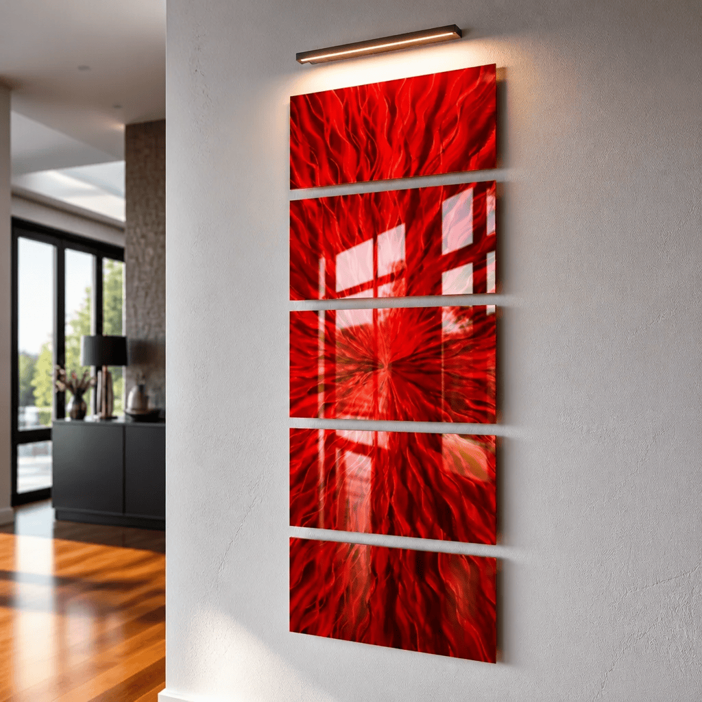 Scarlet Surge - 5-Panel Metal Wall Art 24"x64"
