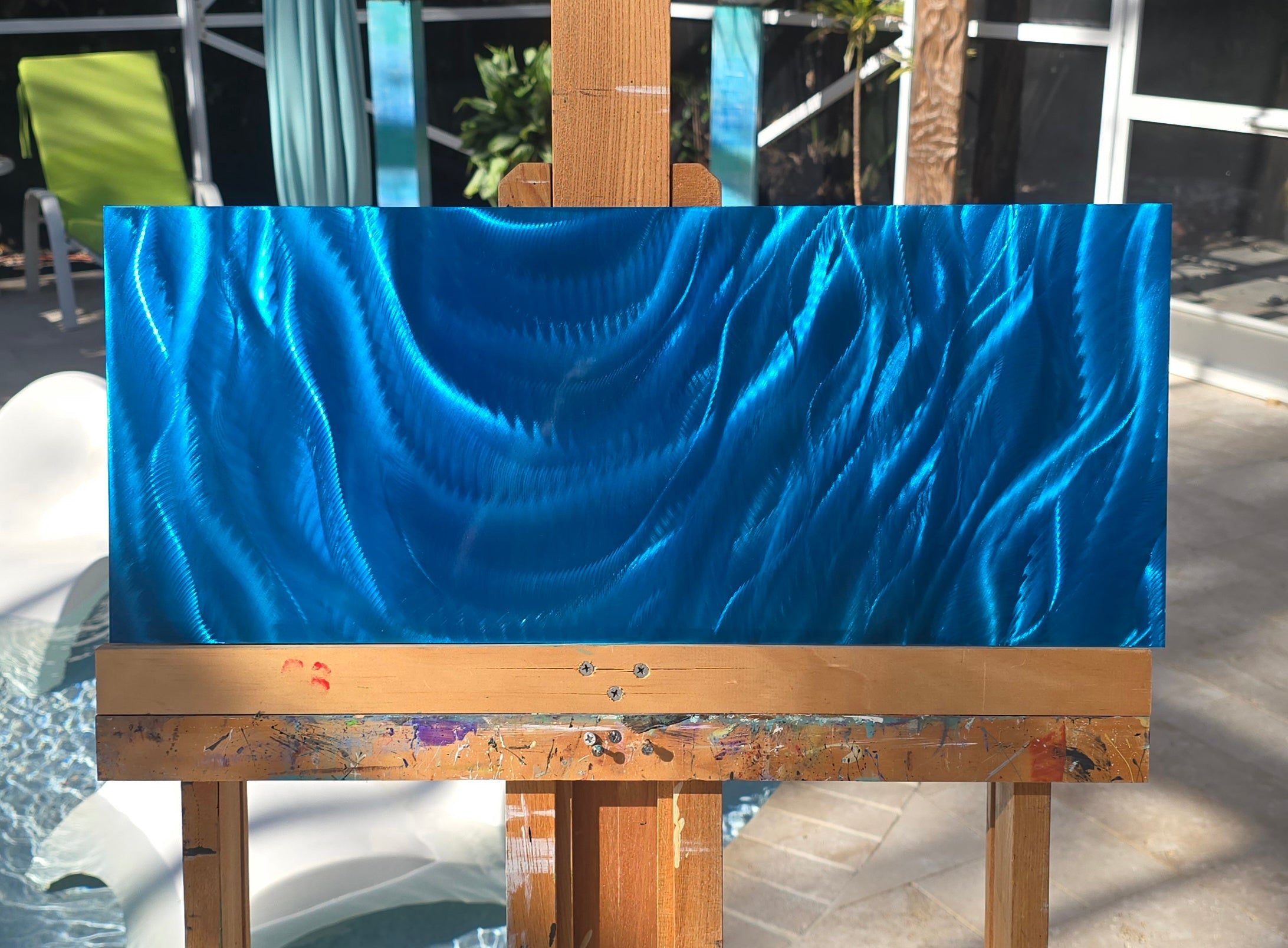 Liquid Dreams - One-of-a-Kind Hand Ground & Painted Blue Ocean Wave Metal Art 12x24