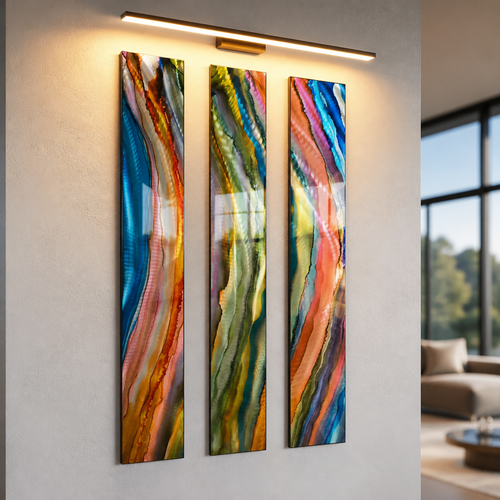 River of Color - 3-Piece Abstract Metal Wall Art Set 8"x48" Each