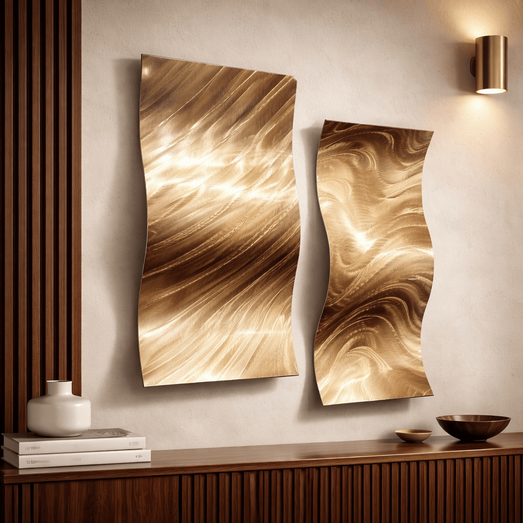 Golden Dunes - 2-Panel Metal Wave,  Wall Art Set 12"x23" Each
