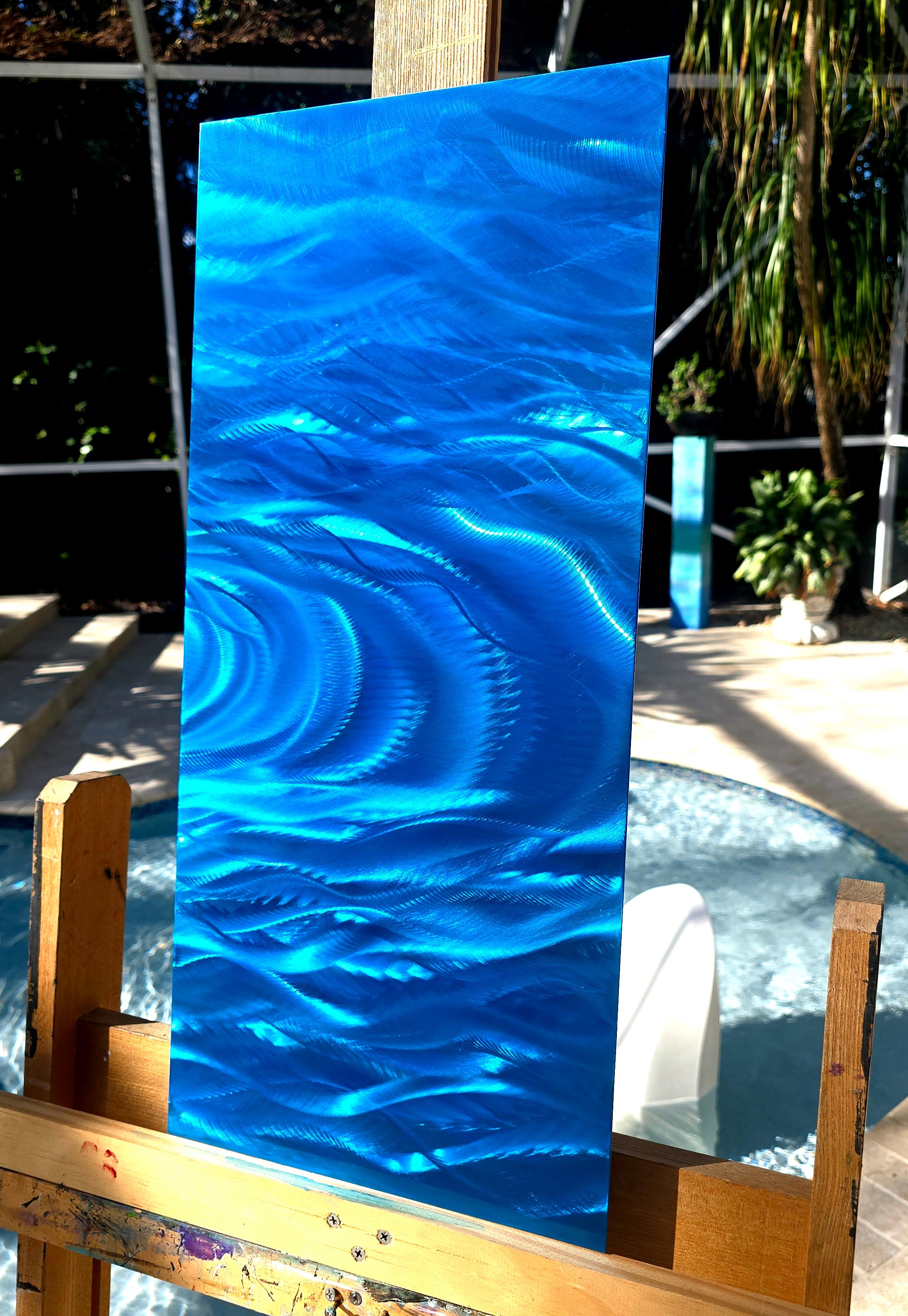 Liquid Dreams - One-of-a-Kind Hand Ground & Painted Blue Ocean Wave Metal Art 12x24