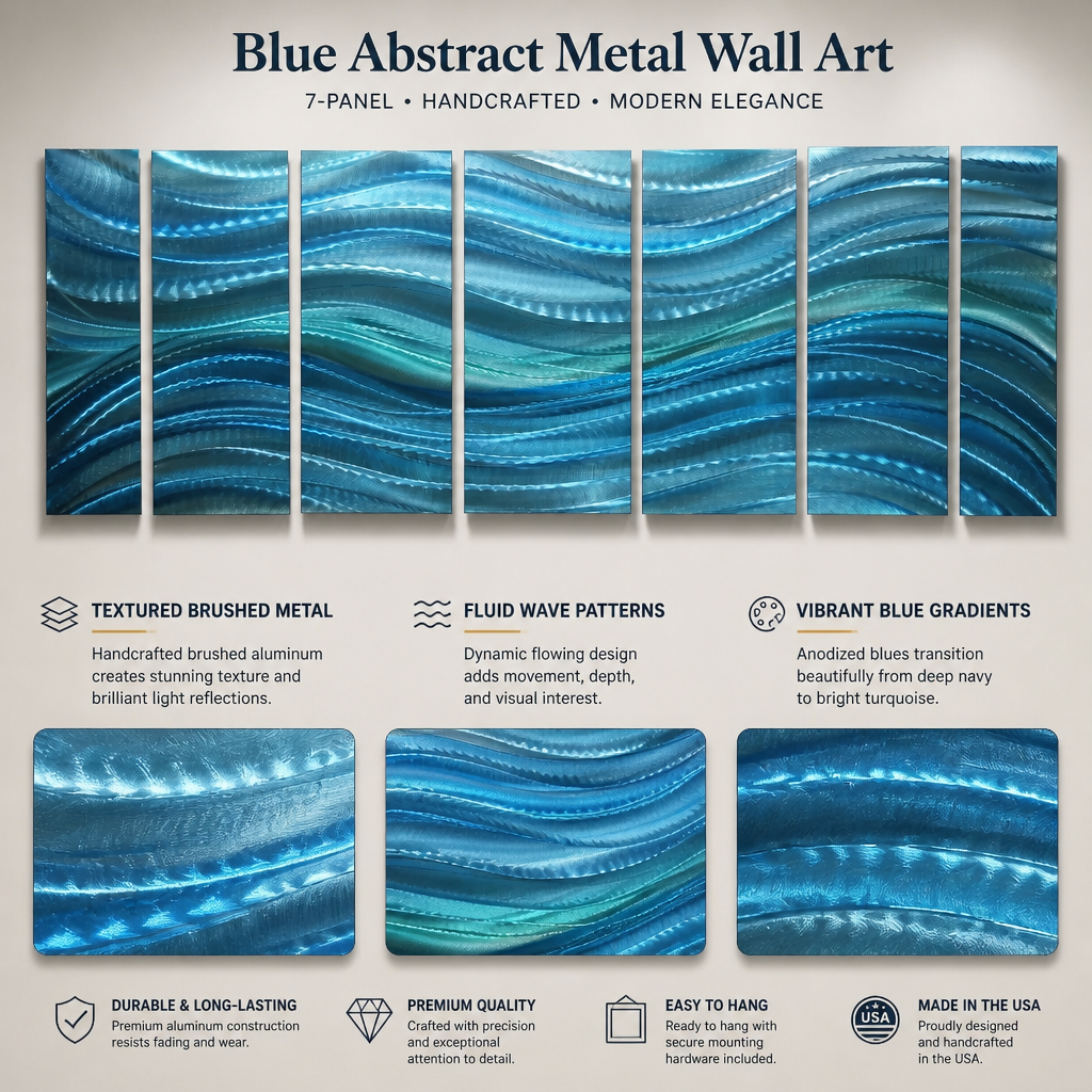 Ocean Drift - 7-Panel Blue Metal Wall Art 24"x68"