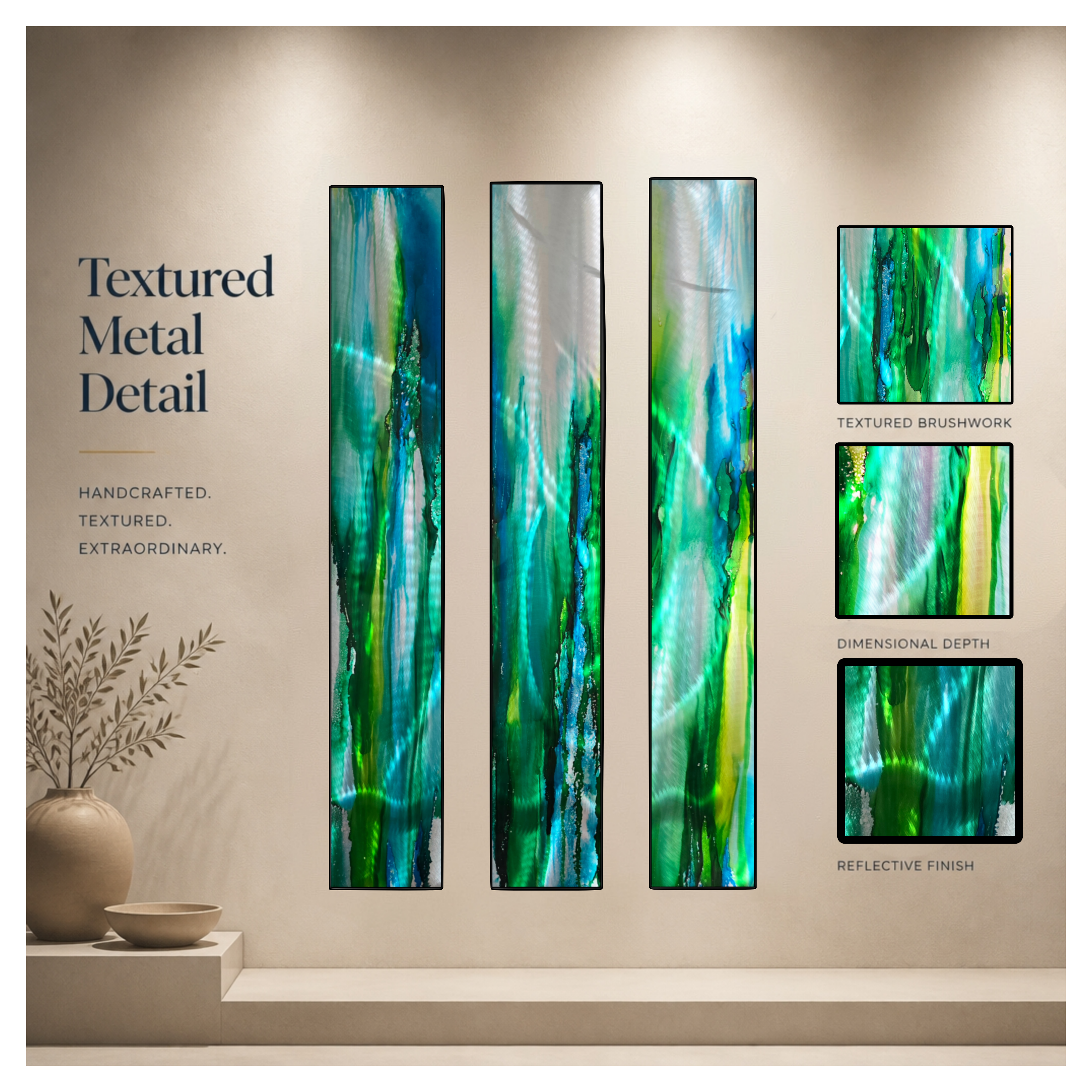 Three abstract metal panels each 8 inches wide by 48 inches tall with dimension labels