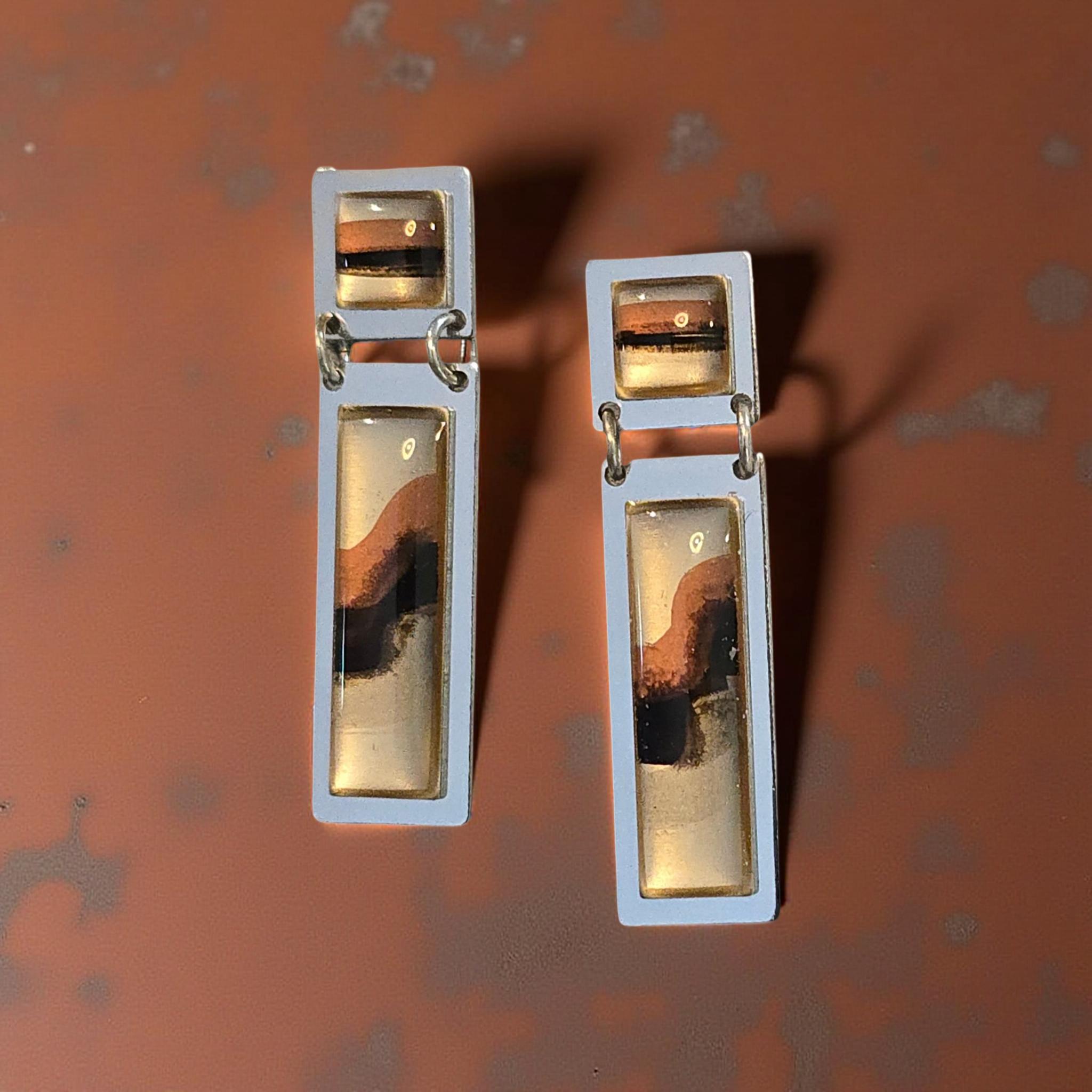 Hand-Painted Square and Rectangle, Earthtone Modern Earrings - Handmade Gifts