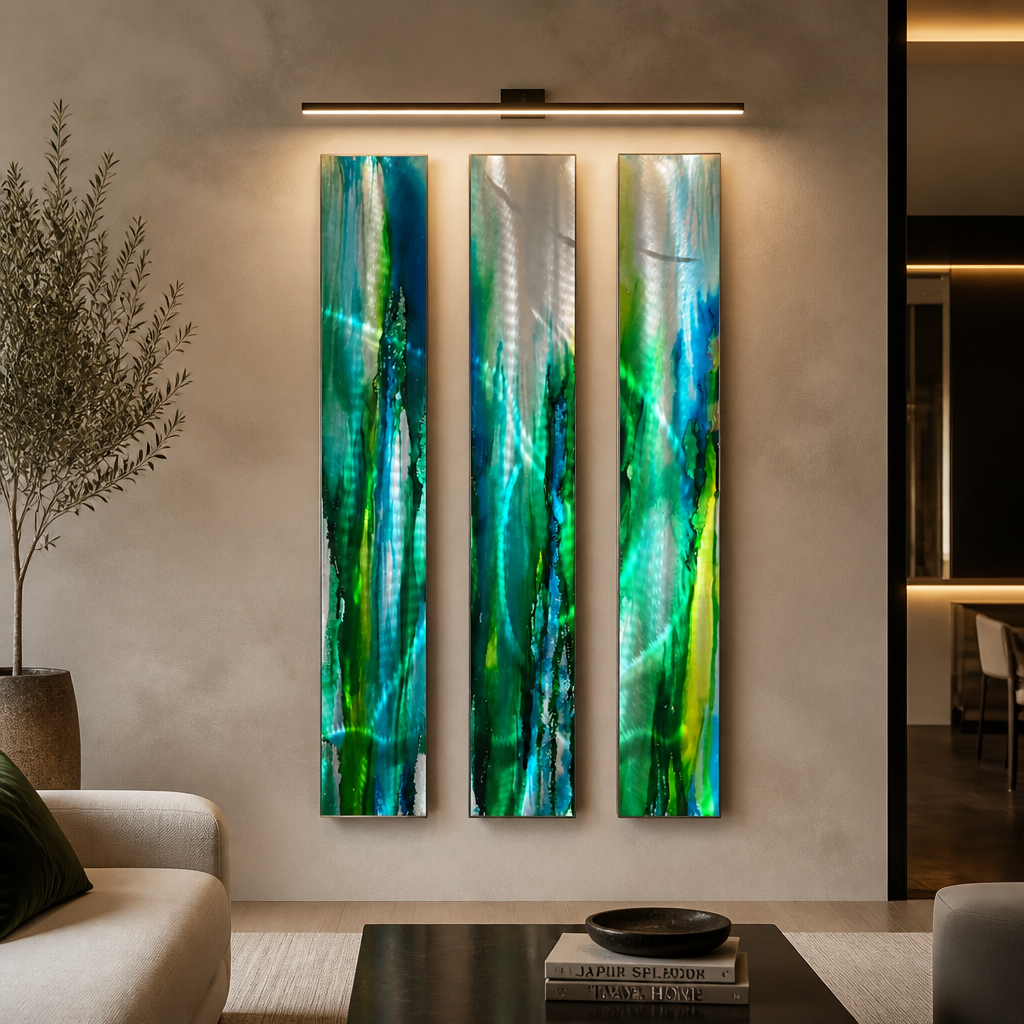 Emerald Tide - 3-Piece Abstract Metal Wall Art Set 8"x48" Each