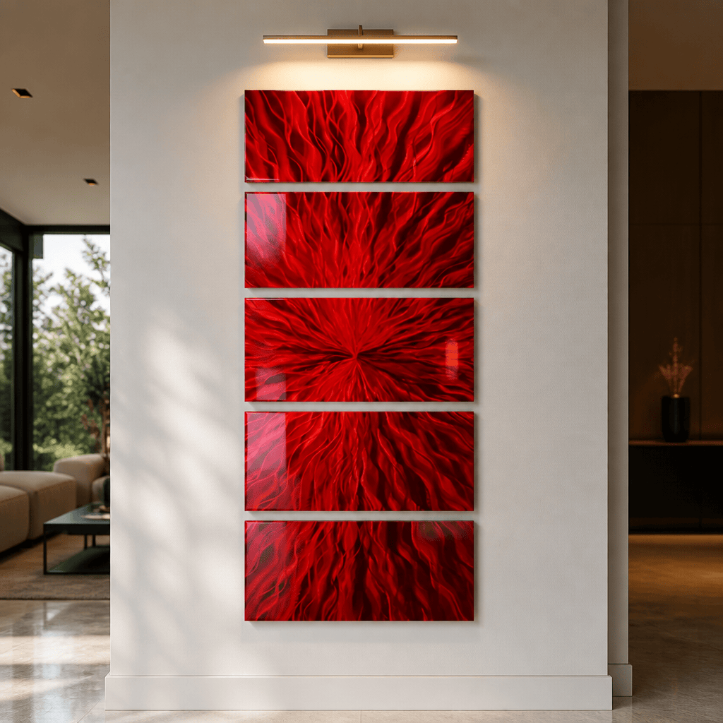 Scarlet Surge - 5-Panel Metal Wall Art 24"x64"