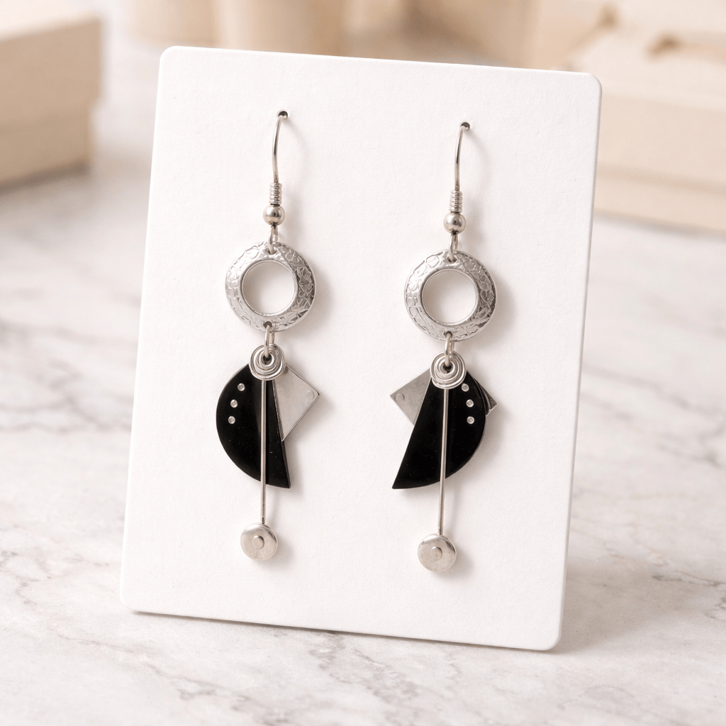 Midnight Orbit Drop Earrings - Sterling Silver & Hand-Textured Metal 2"
