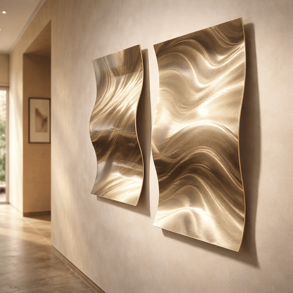 Golden Dunes - 2-Panel Metal Wave,  Wall Art Set 12"x23" Each