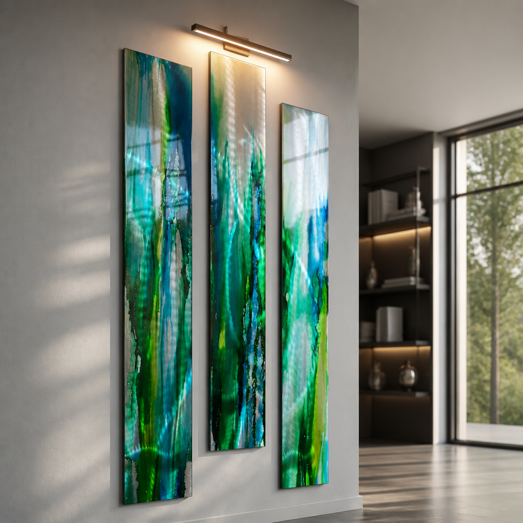 Emerald Tide - 3-Piece Abstract Metal Wall Art Set 8"x48" Each