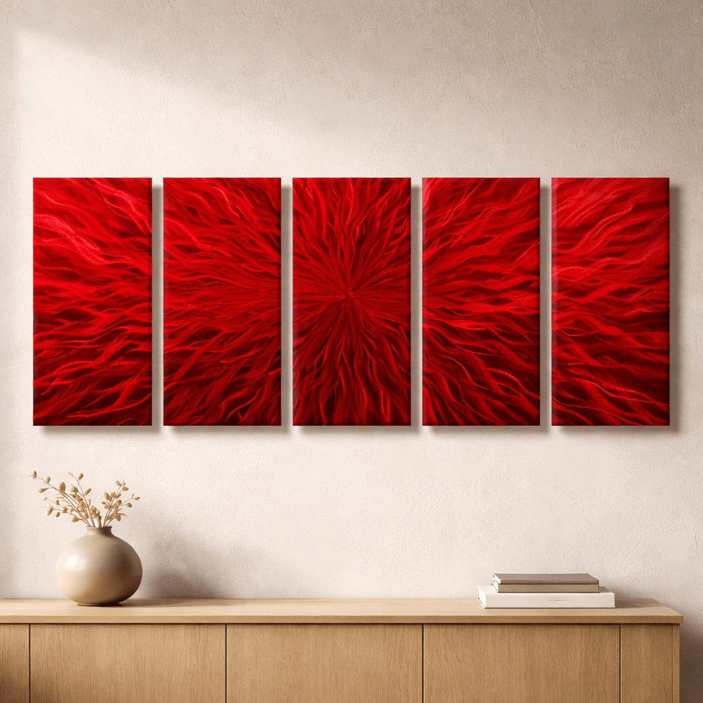 Crimson Ignition - 5-Panel Metal Wall Art 64"x24"