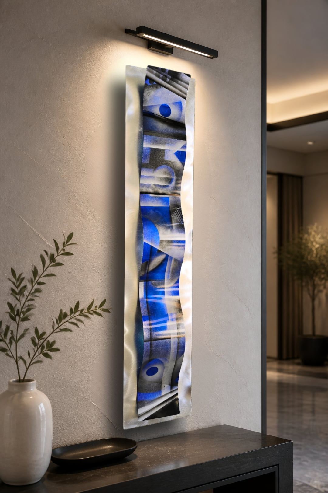 Cobalt Geometry - One-of-a-kind Metal Wave Wall Art 10"x46"