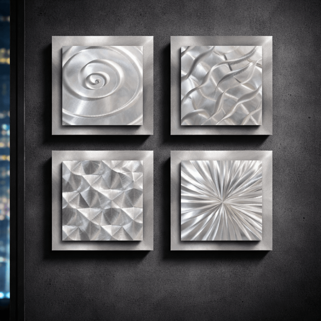 Lunar Echo - 4-Panel Framed Metal Wall Art Set 12"x12" Each