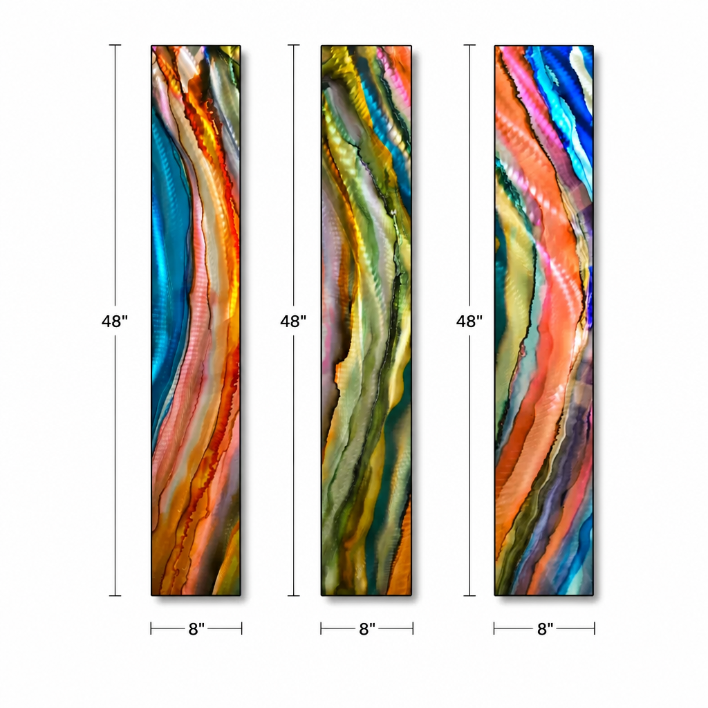 River of Color - 3-Piece Abstract Metal Wall Art Set 8"x48" Each