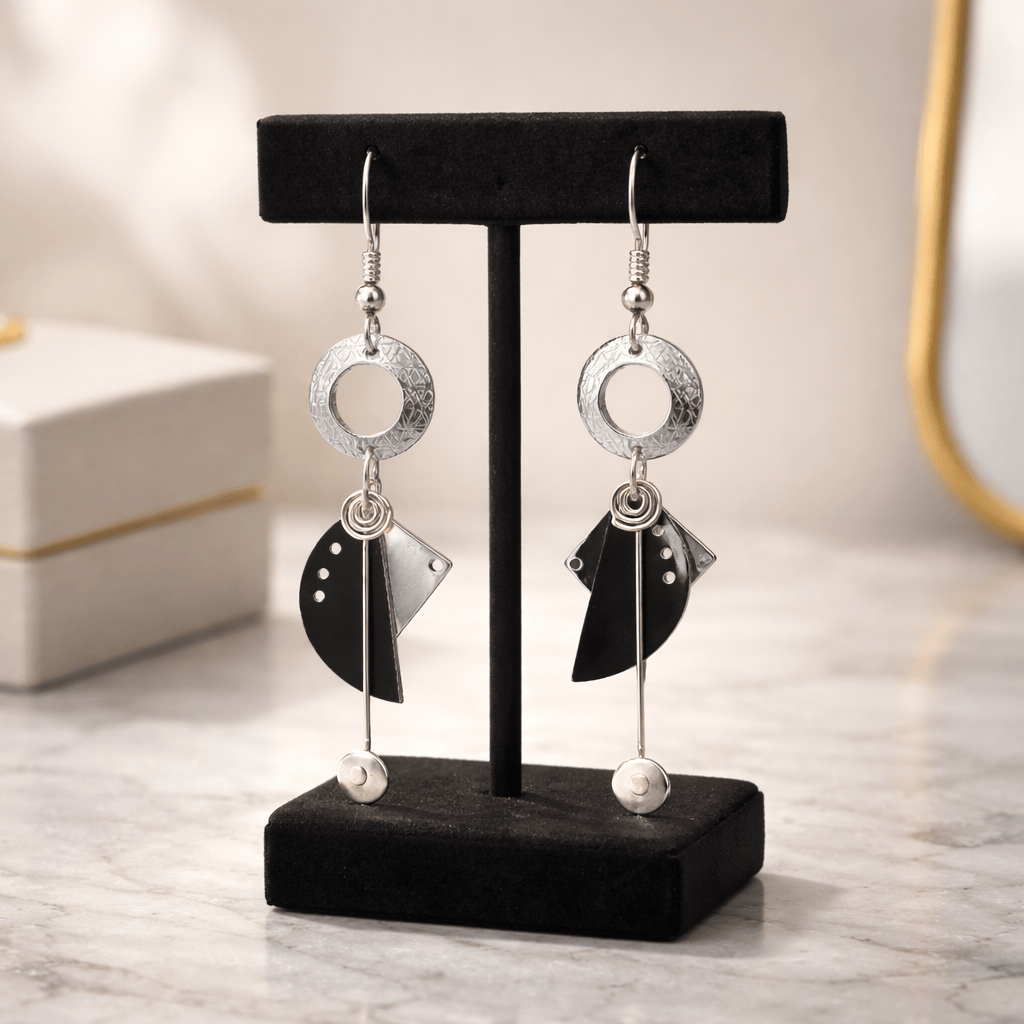 Midnight Orbit Drop Earrings - Sterling Silver & Hand-Textured Metal 2"