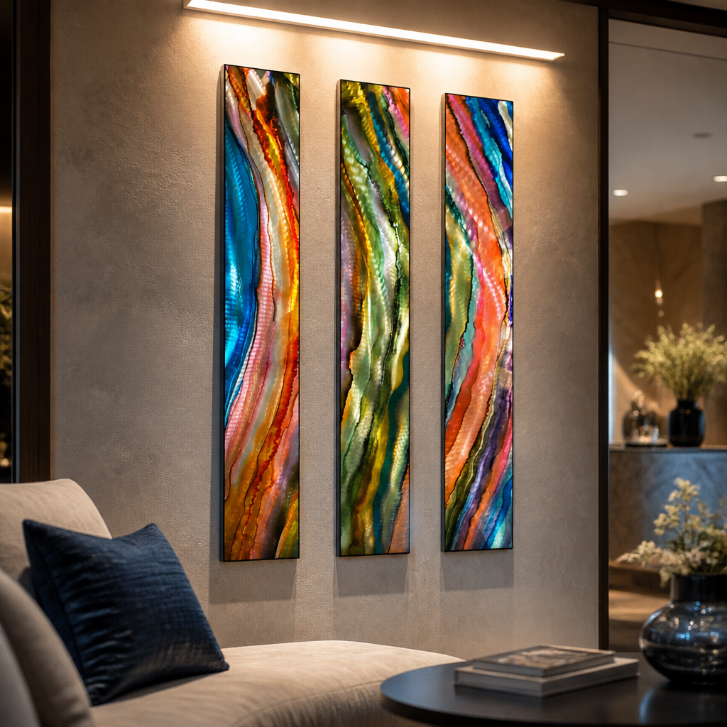 River of Color - 3-Piece Abstract Metal Wall Art Set 8"x48" Each