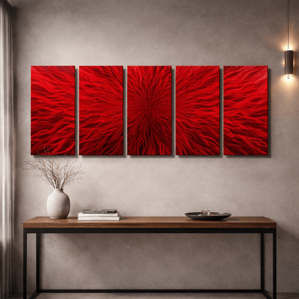 Crimson Ignition - 5-Panel Metal Wall Art 64"x24"