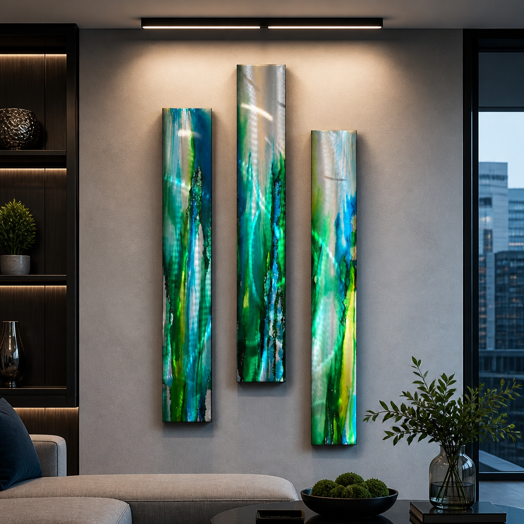 Emerald Tide - 3-Piece Abstract Metal Wall Art Set 8"x48" Each