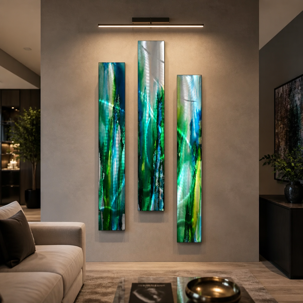 Emerald Tide - 3-Piece Abstract Metal Wall Art Set 8"x48" Each