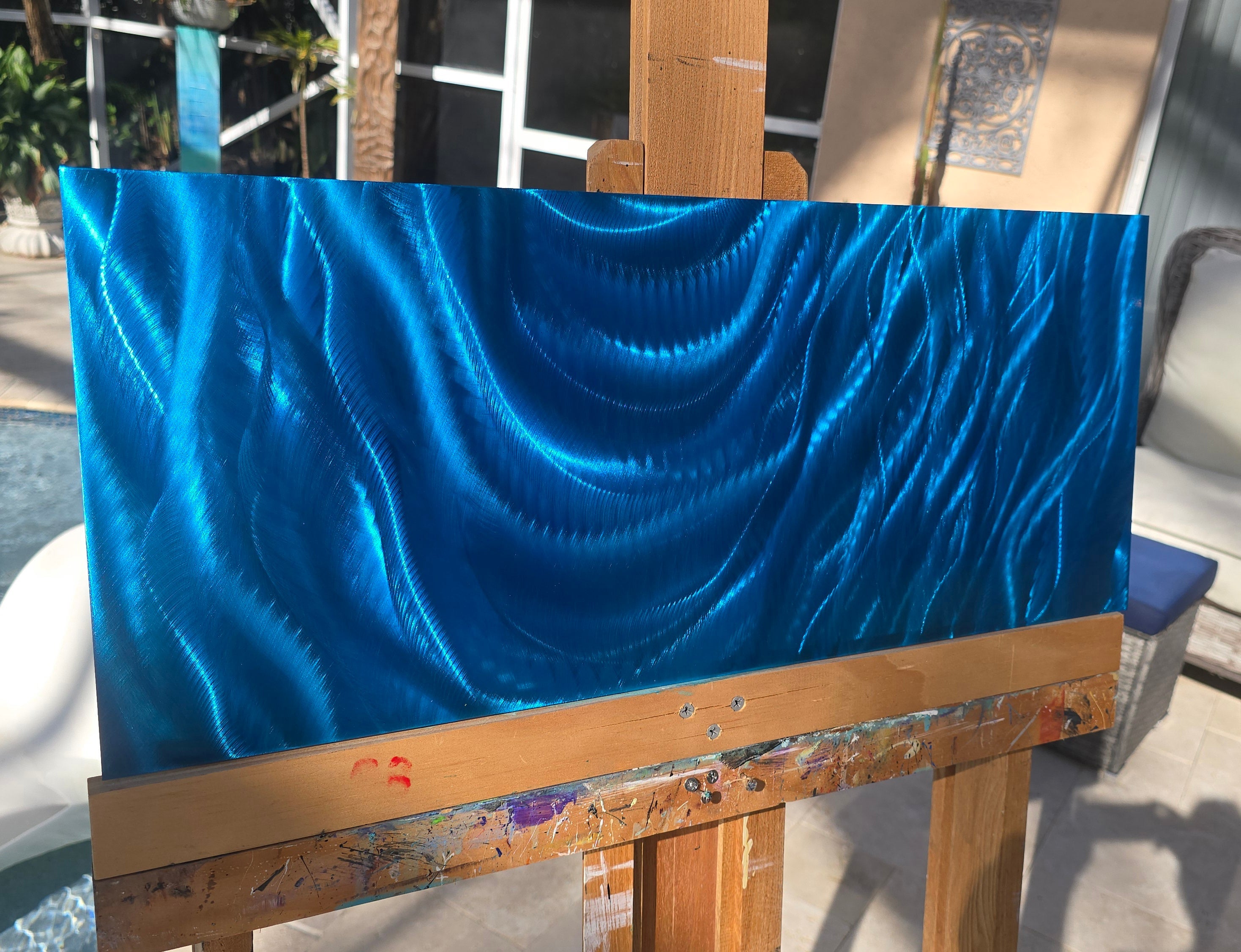 Liquid Dreams - One-of-a-Kind Hand Ground & Painted Blue Ocean Wave Metal Art 12x24