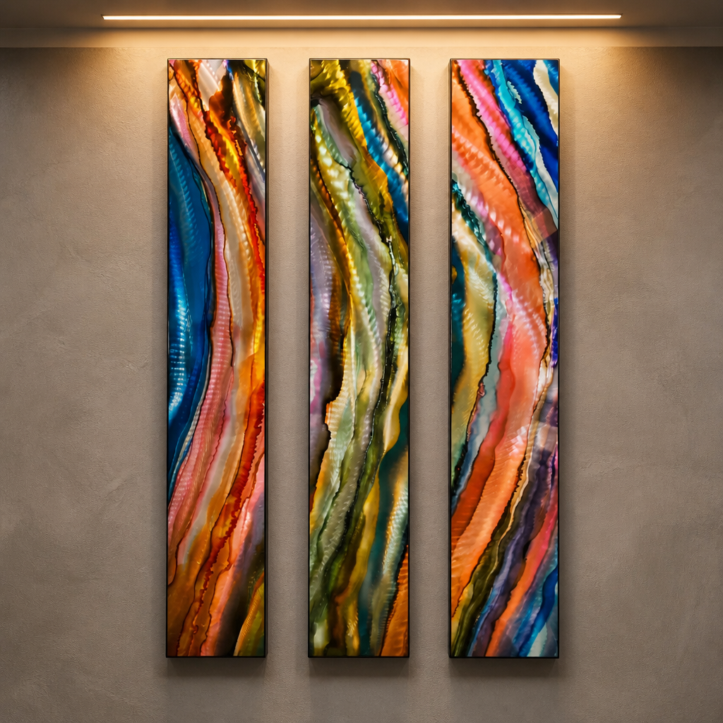 River of Color - 3-Piece Abstract Metal Wall Art Set 8"x48" Each