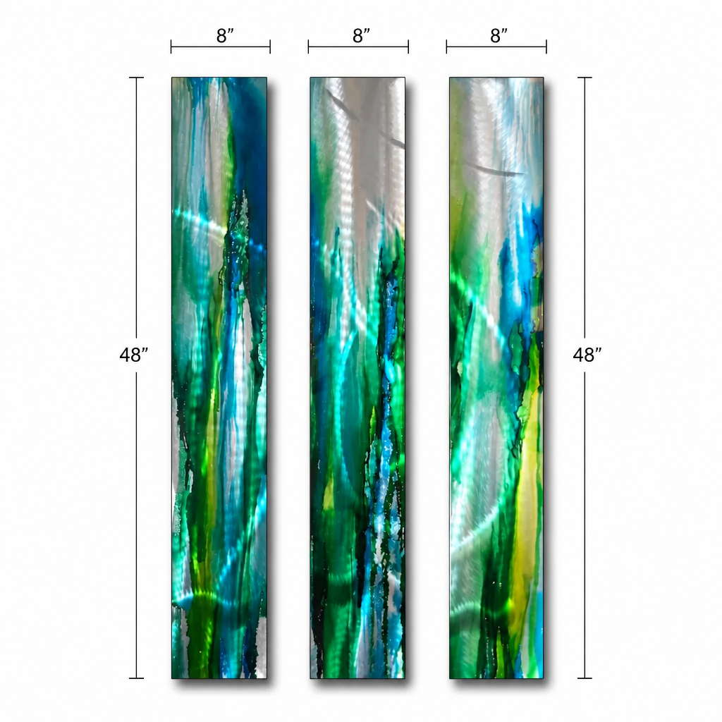 Three emerald teal abstract metal panels on wall in warm modern living room with olive tree and coffee table