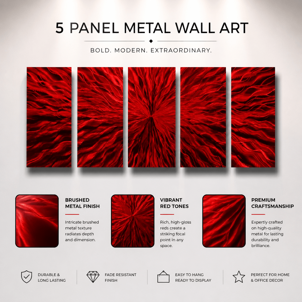 Scarlet Surge - 5-Panel Metal Wall Art 24"x64"