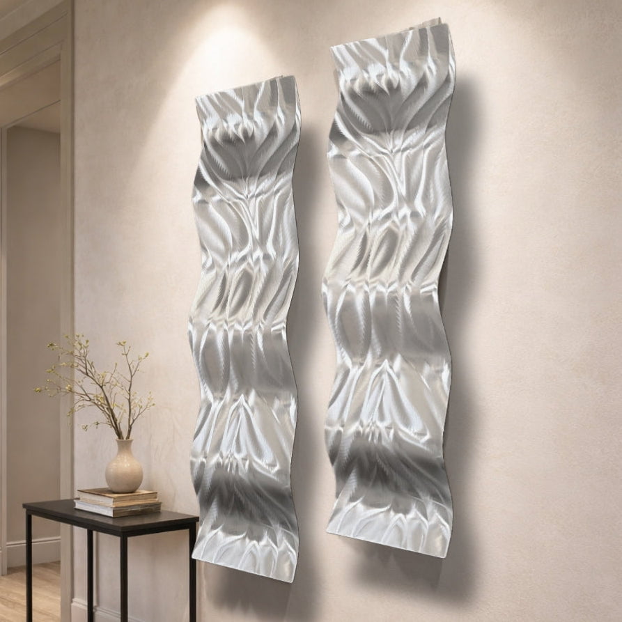 Silver Stillness - Metal Wave Wall Art 10"x46"
