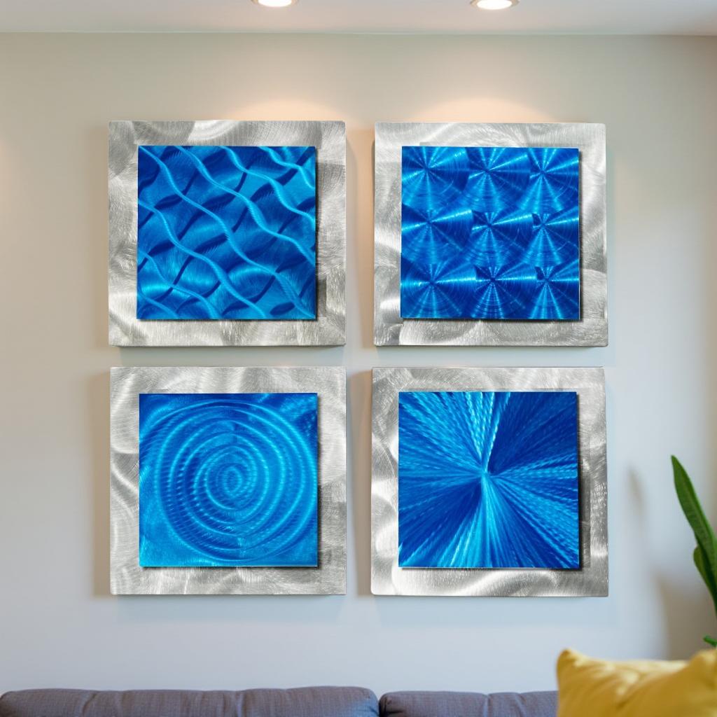 Deep Blue Reflections - 4-Piece Metal Wall Art Set 12"x12"