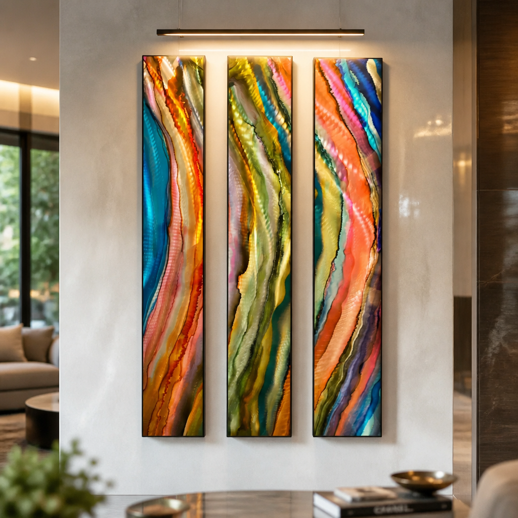 River of Color - 3-Piece Abstract Metal Wall Art Set 8"x48" Each