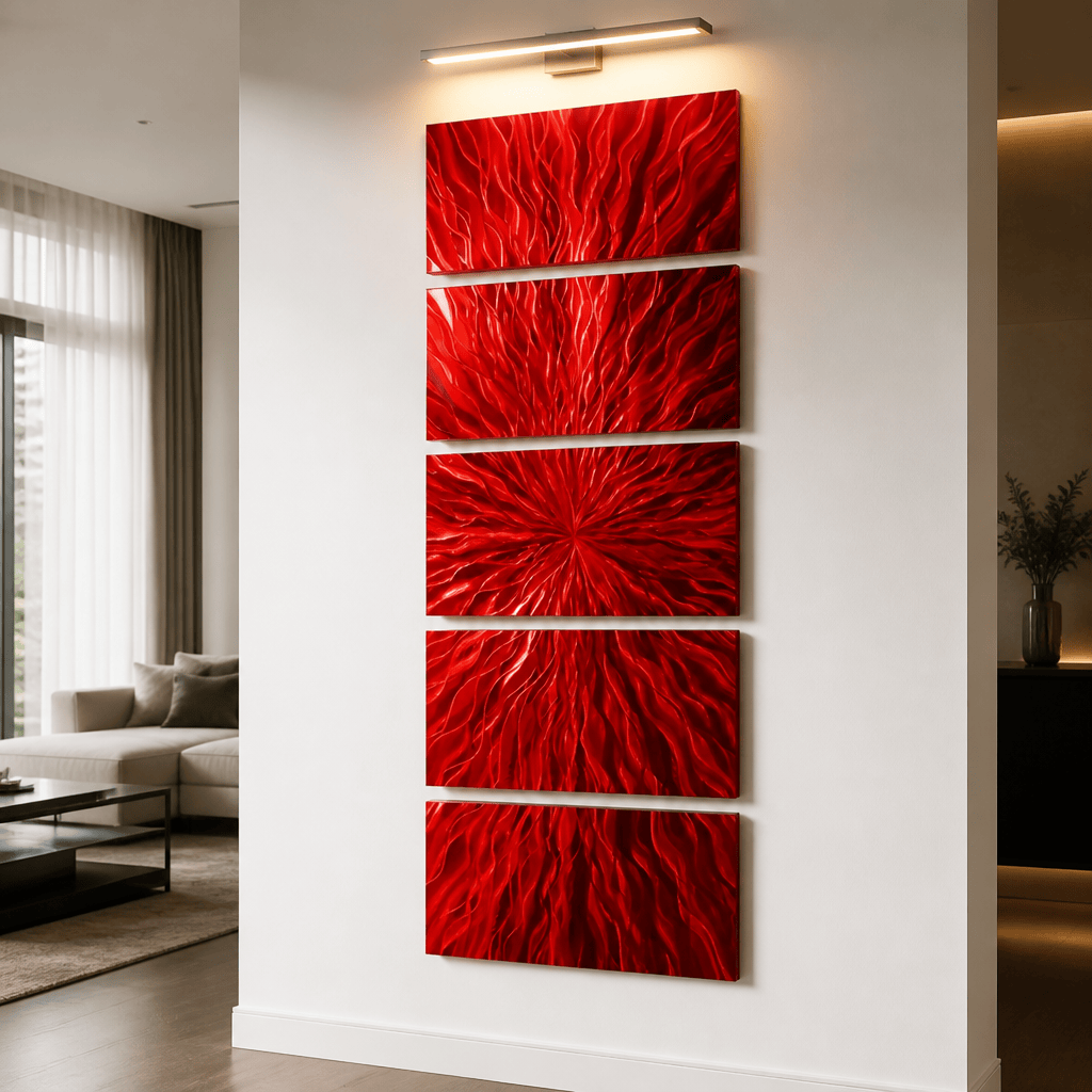 Scarlet Surge - 5-Panel Metal Wall Art 24"x64"