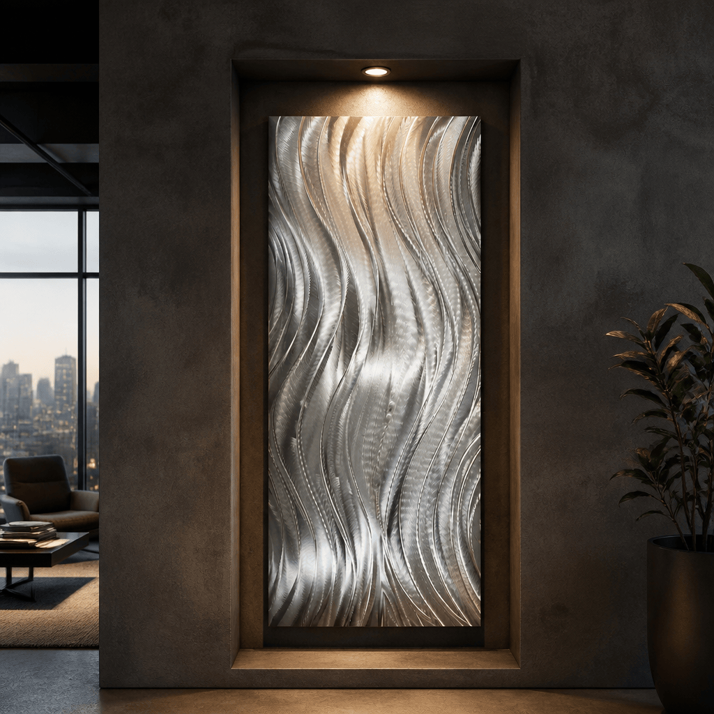Silver Waves in Motion - Metal Wave Wall Art 18"x46"