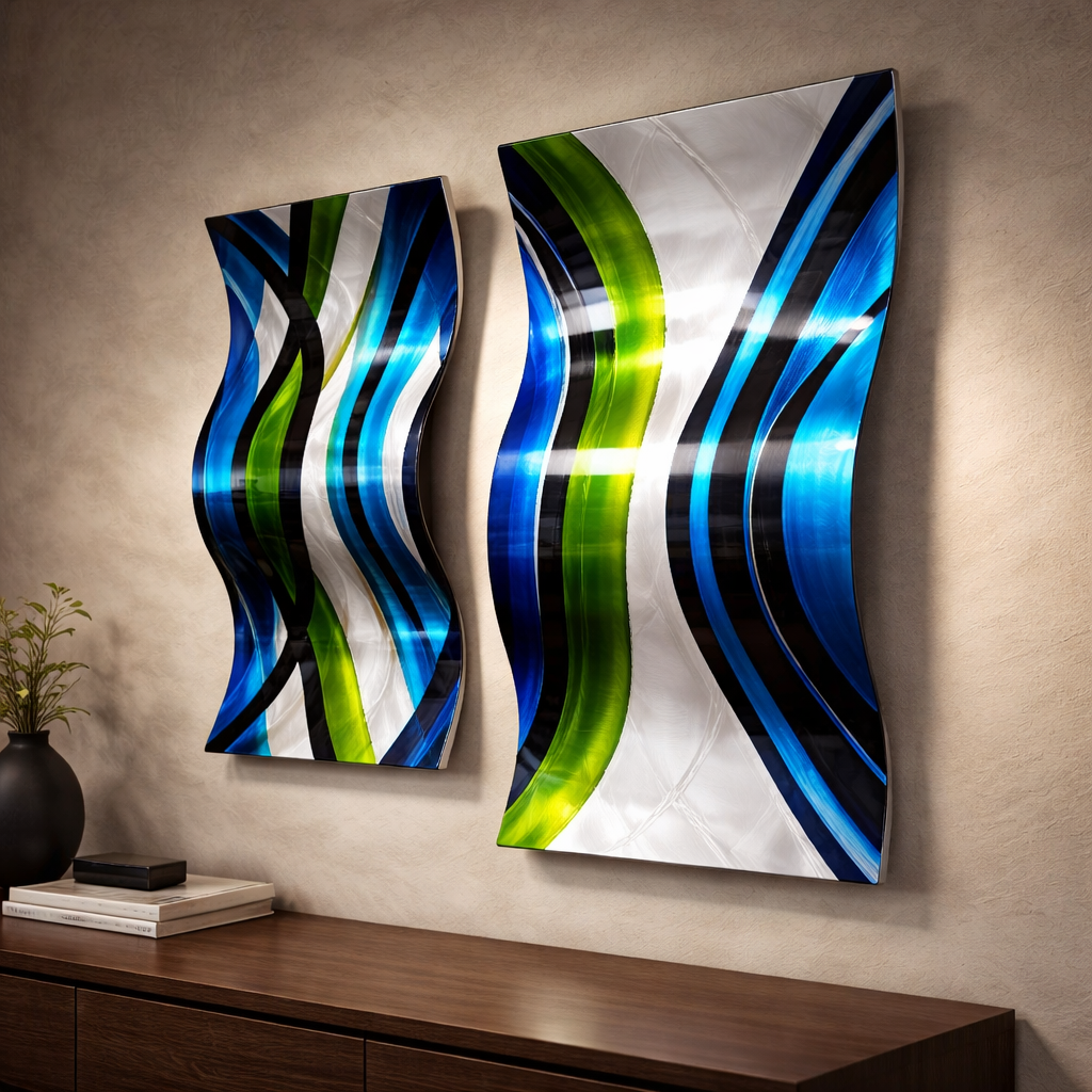 Emerald Current - Metal Wave Wall Art Set of 2 (23"x12" each) (gem w30)