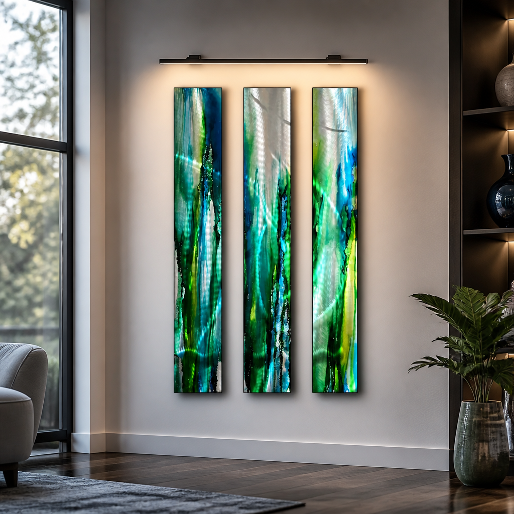 Emerald Tide - 3-Piece Abstract Metal Wall Art Set 8"x48" Each