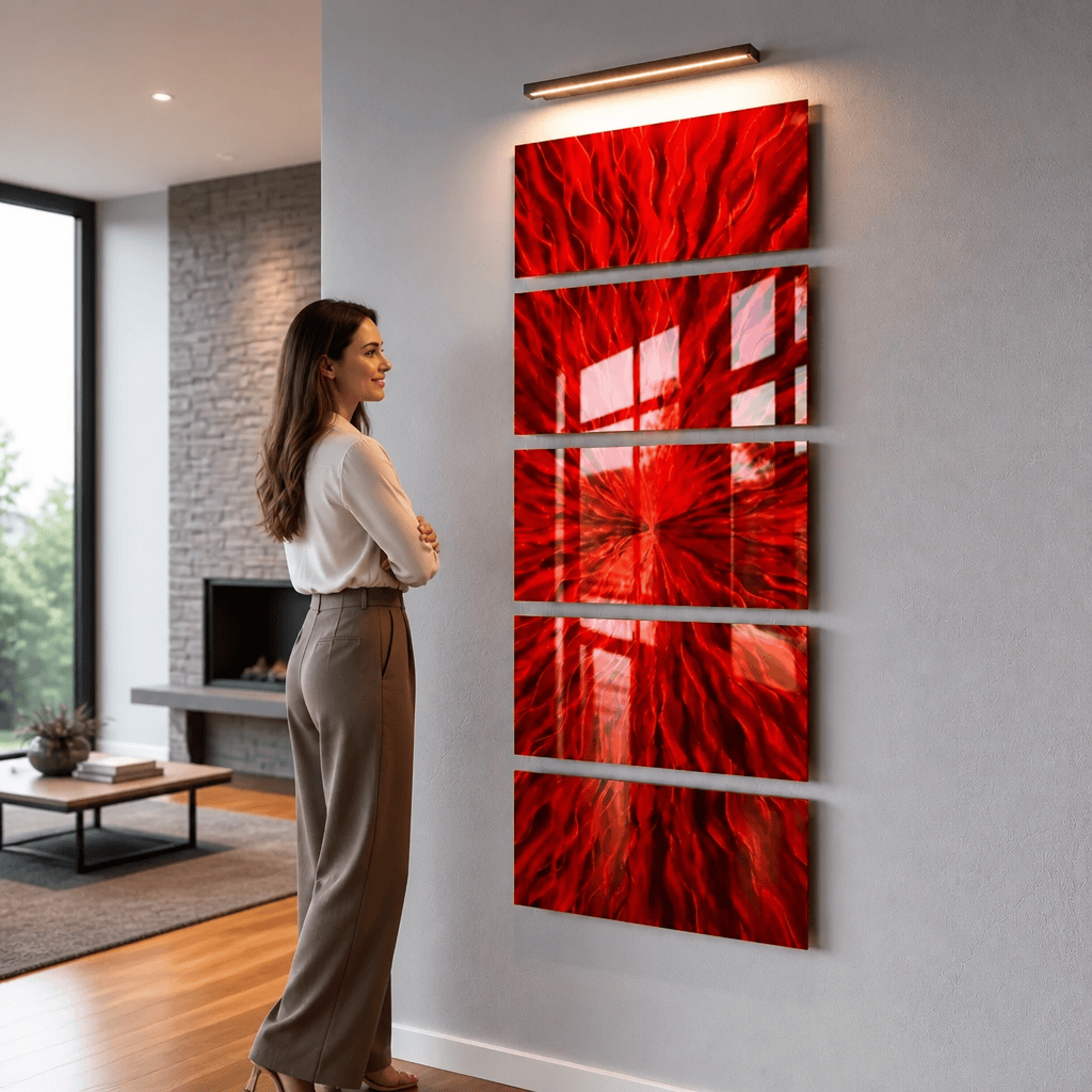 Scarlet Surge - 5-Panel Metal Wall Art 24"x64"