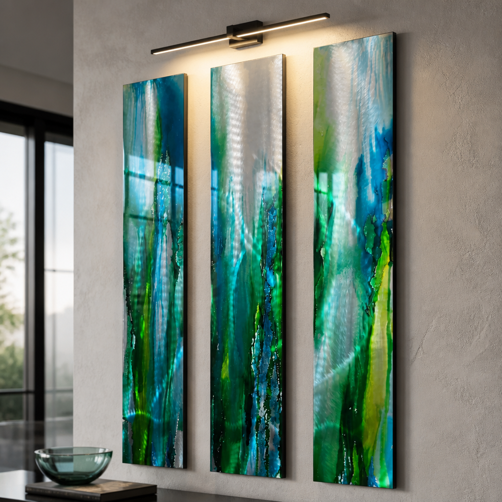 Emerald Tide - 3-Piece Abstract Metal Wall Art Set 8"x48" Each