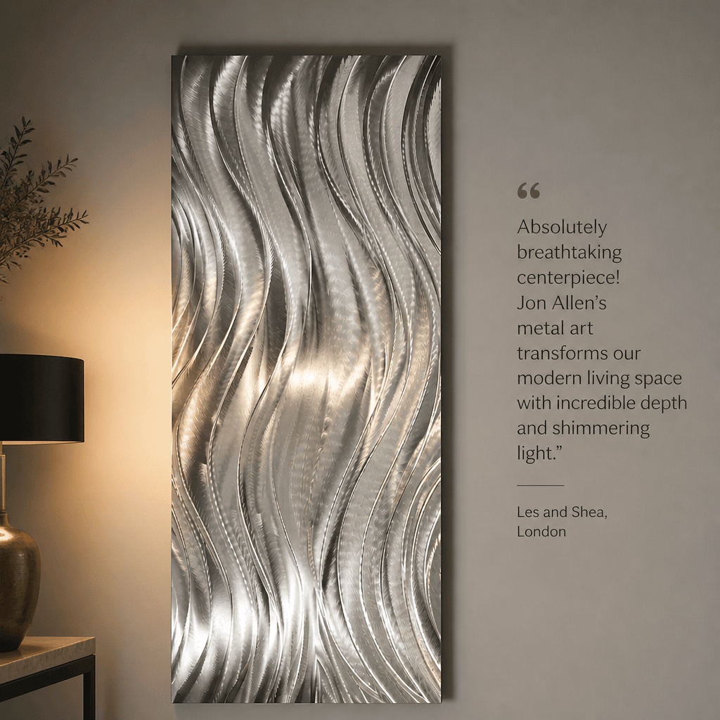 Silver Waves in Motion - Metal Wave Wall Art 18"x46"