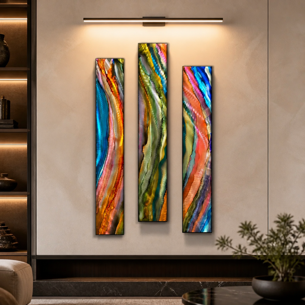 River of Color - 3-Piece Abstract Metal Wall Art Set 8"x48" Each