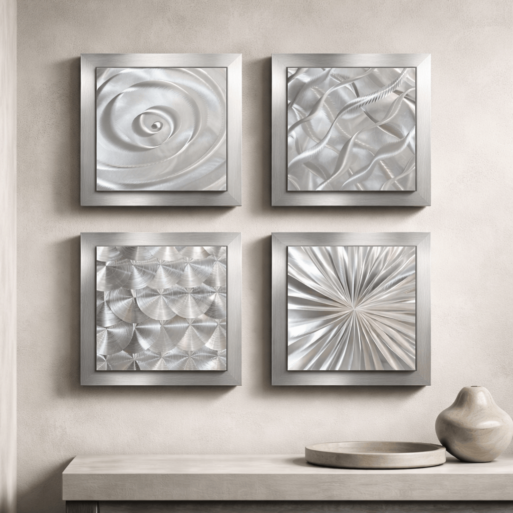 Lunar Echo - 4-Panel Framed Metal Wall Art Set 12"x12" Each